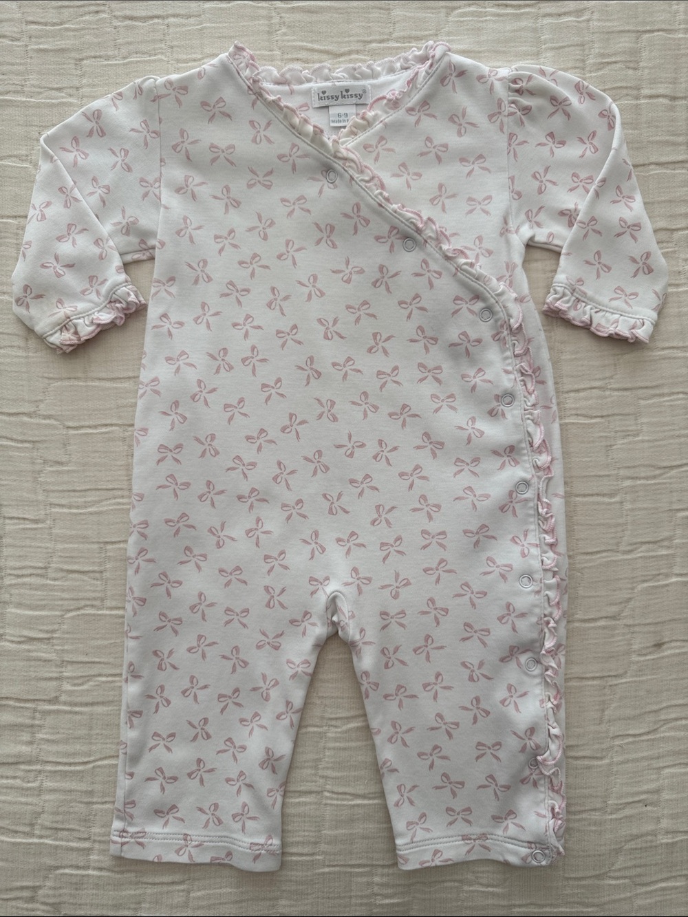 Kissy Kissy 1 Pc Ruffle Trim Bow Print - White/Pink, 6-9 M